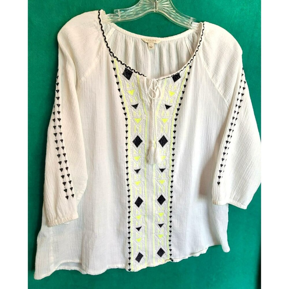 White Boho Top With Black and Green Trim Sonoma Decorative Womens Size L  JH714
